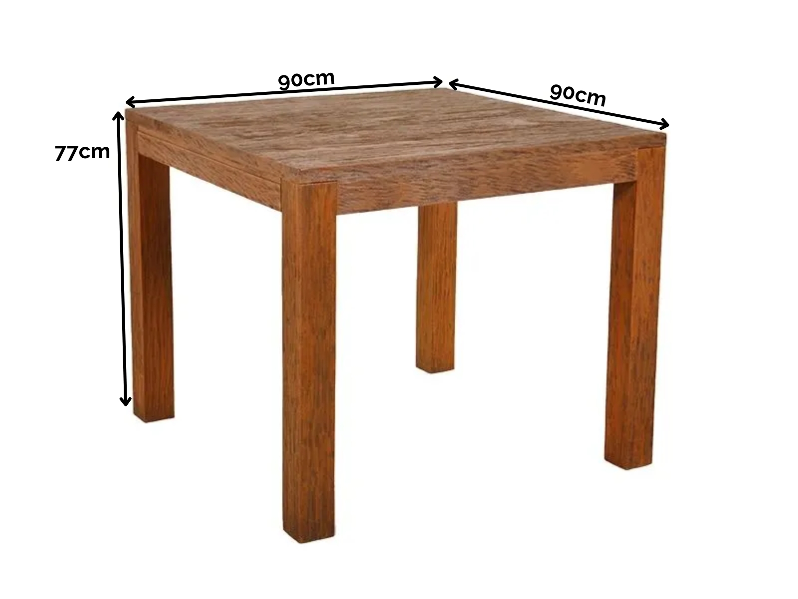 Savana square mahogany dining table dimensions showing 90cm width and 77cm height