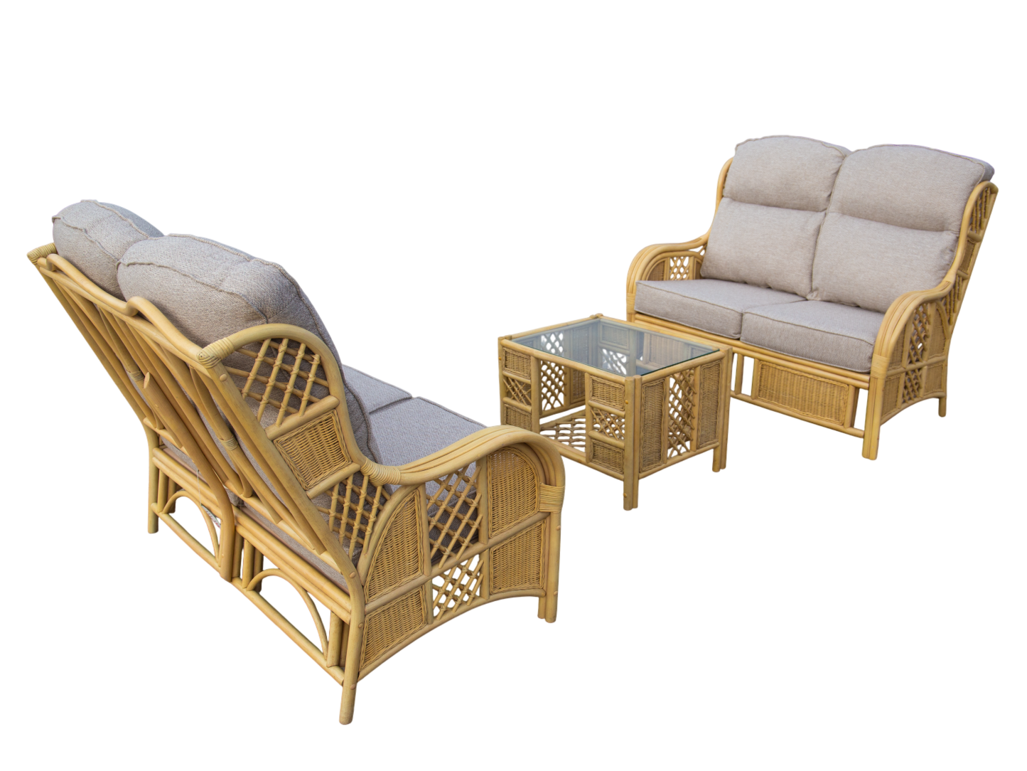 Alaska Dual 2-Seater Sofa SuiteAlaska Dual 2-Seater Sofa Suite  On display in our Warwickshire Showroom  The Alaska Dual 2-Seater Sofa Suite brings timeless rattan charm and everyday comfort to your conservatory or sunroom. Crafted from natural cane with 