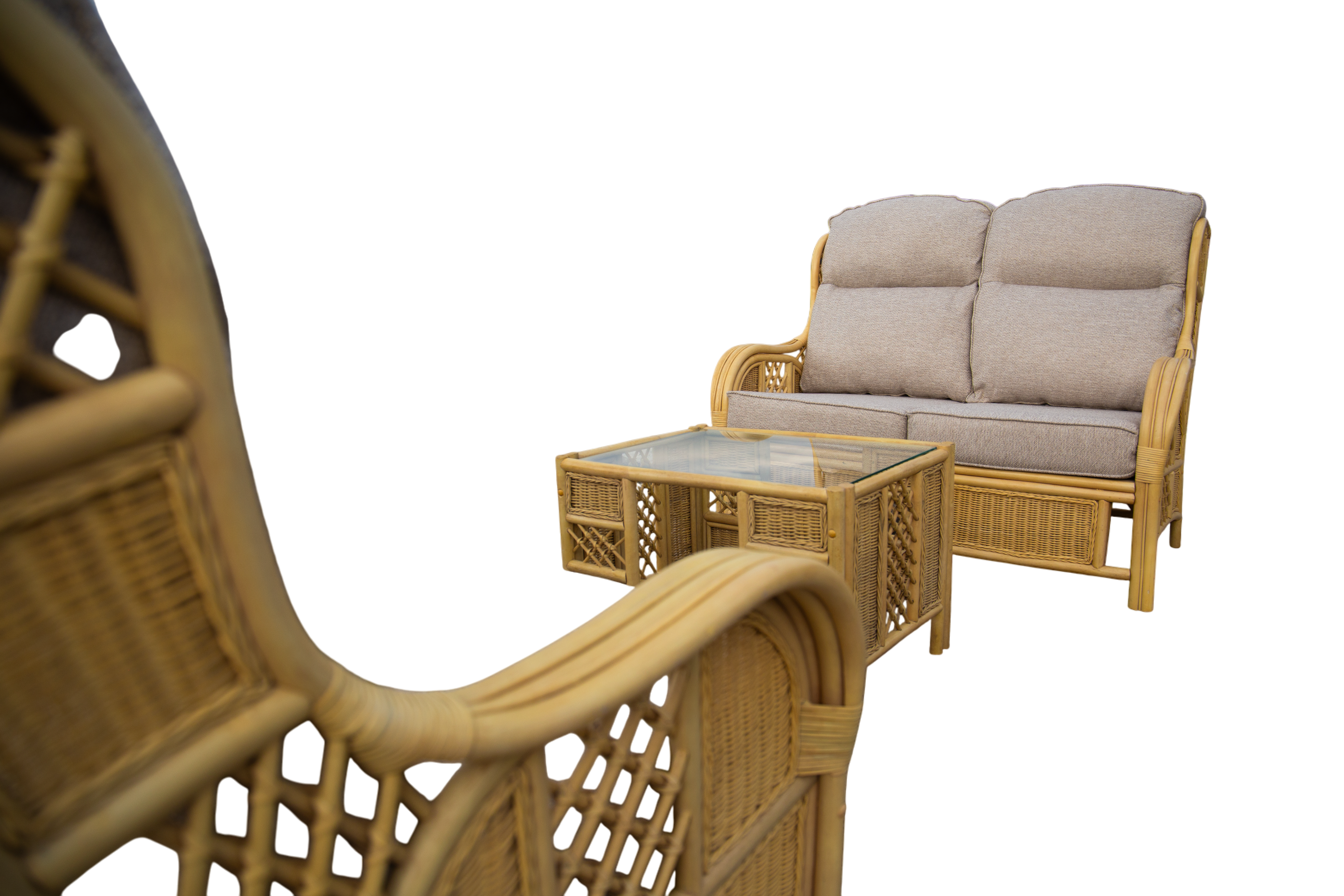 Alaska Dual 2-Seater Sofa SuiteAlaska Dual 2-Seater Sofa Suite  On display in our Warwickshire Showroom  The Alaska Dual 2-Seater Sofa Suite brings timeless rattan charm and everyday comfort to your conservatory or sunroom. Crafted from natural cane with 