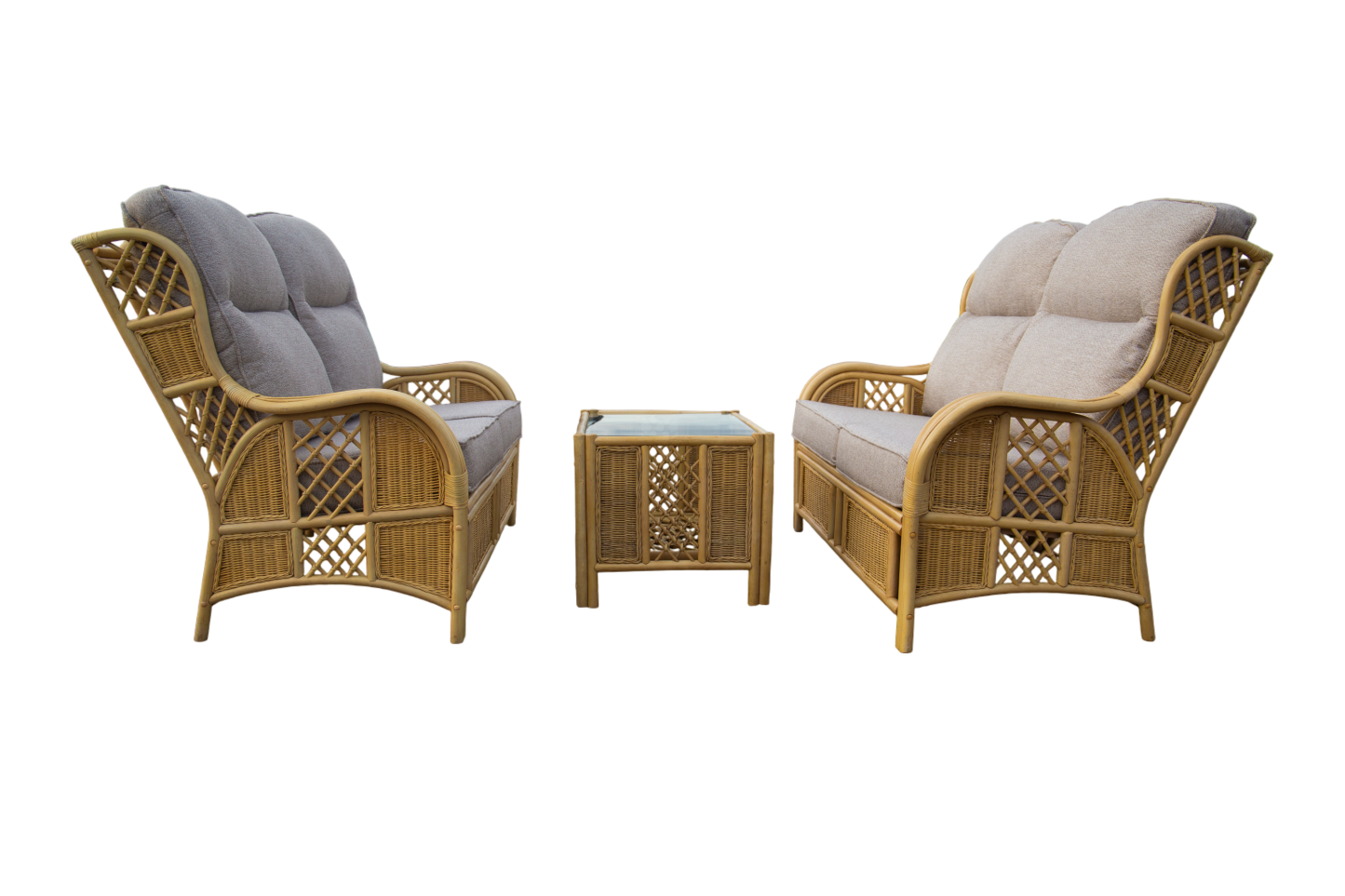 Alaska Dual 2-Seater Sofa SuiteAlaska Dual 2-Seater Sofa Suite  On display in our Warwickshire Showroom  The Alaska Dual 2-Seater Sofa Suite brings timeless rattan charm and everyday comfort to your conservatory or sunroom. Crafted from natural cane with 