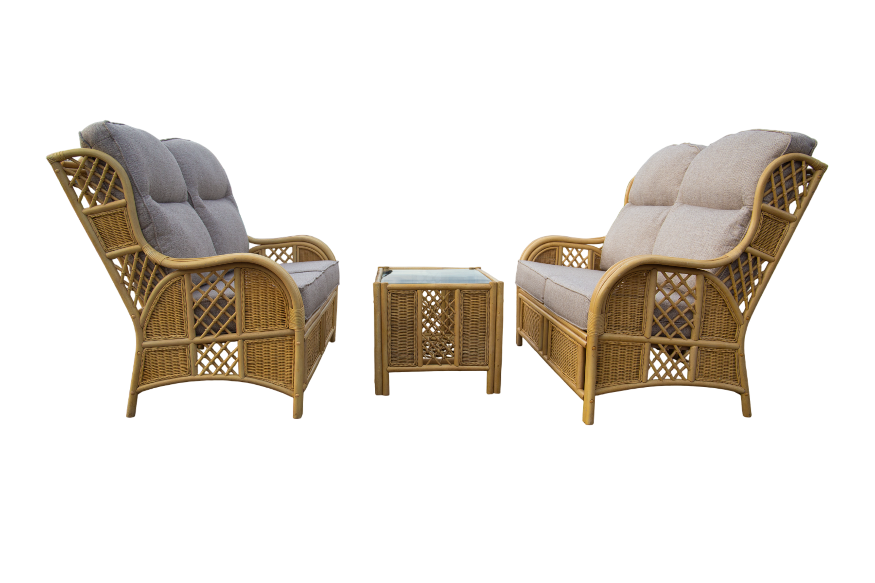 Alaska Dual 2-Seater Sofa SuiteAlaska Dual 2-Seater Sofa Suite  On display in our Warwickshire Showroom  The Alaska Dual 2-Seater Sofa Suite brings timeless rattan charm and everyday comfort to your conservatory or sunroom. Crafted from natural cane with 