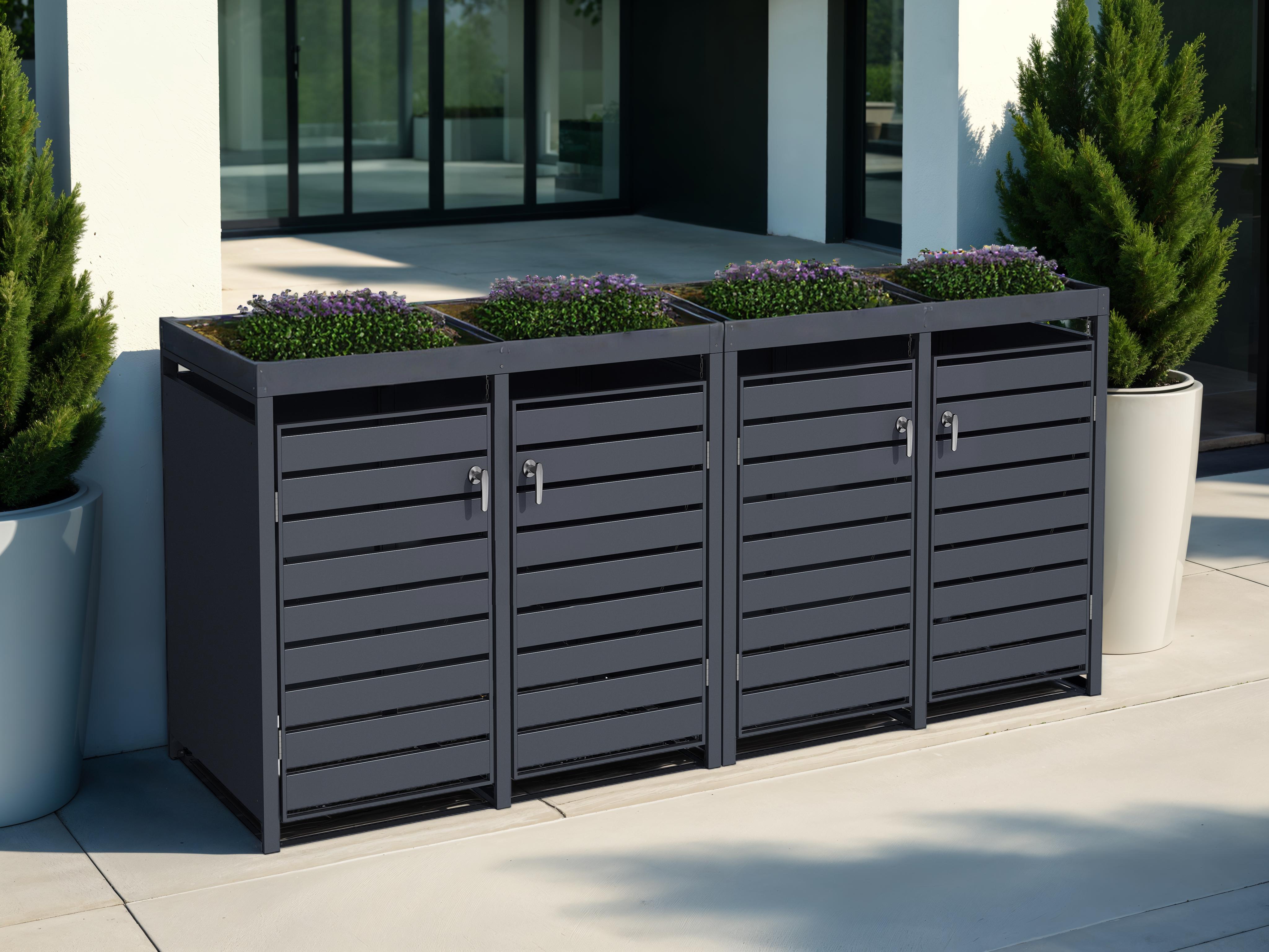 Anthracite Galvanized Steel Wheelie Bin Cover with Planter | Quad Set