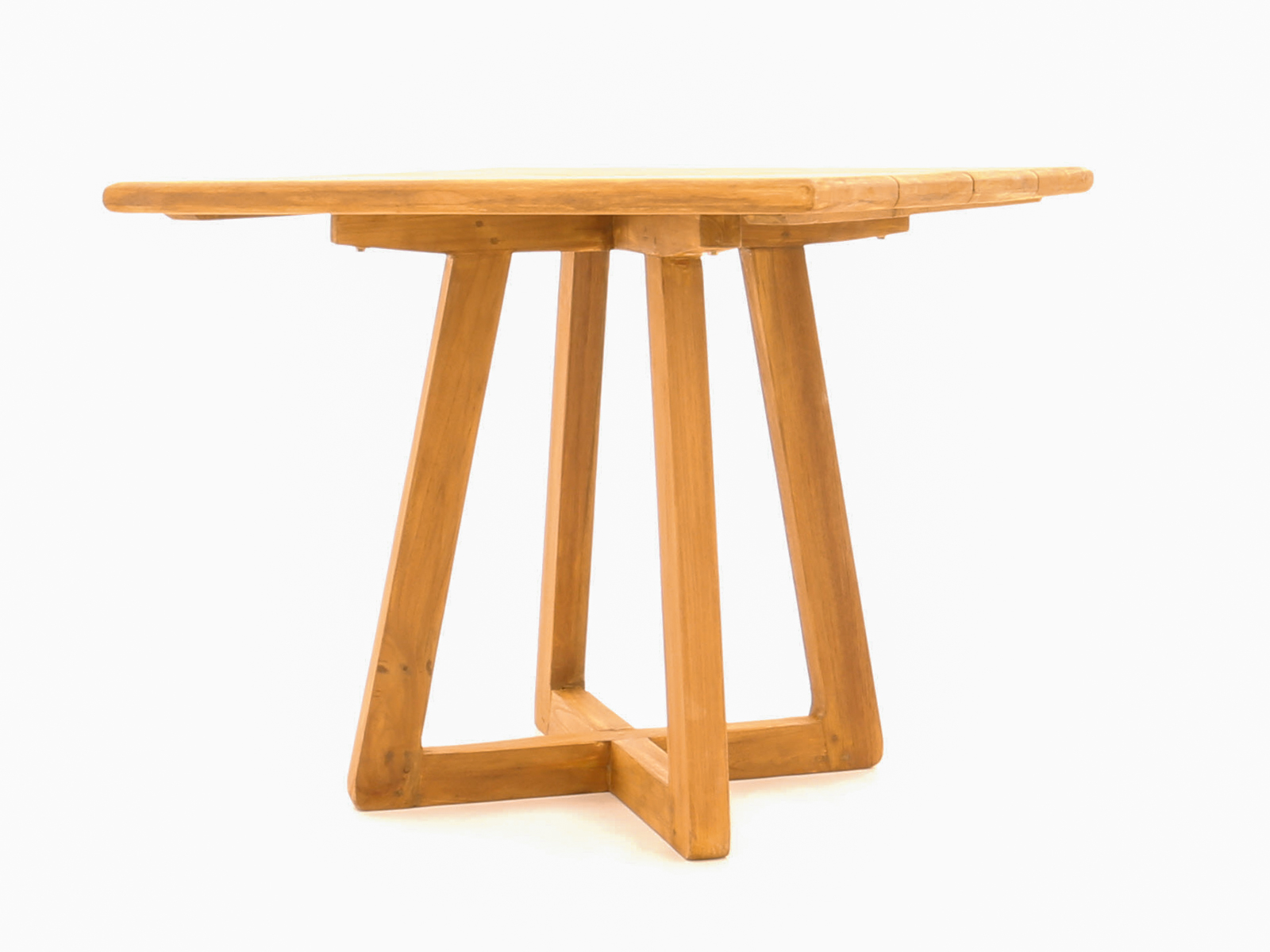 Bali 90cm square teak bistro table viewed from a low side angle