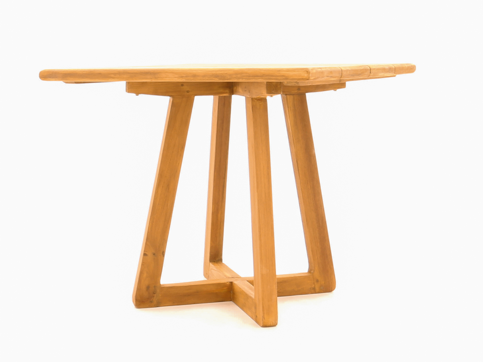 Bali 90cm square teak bistro table viewed from a low side angle