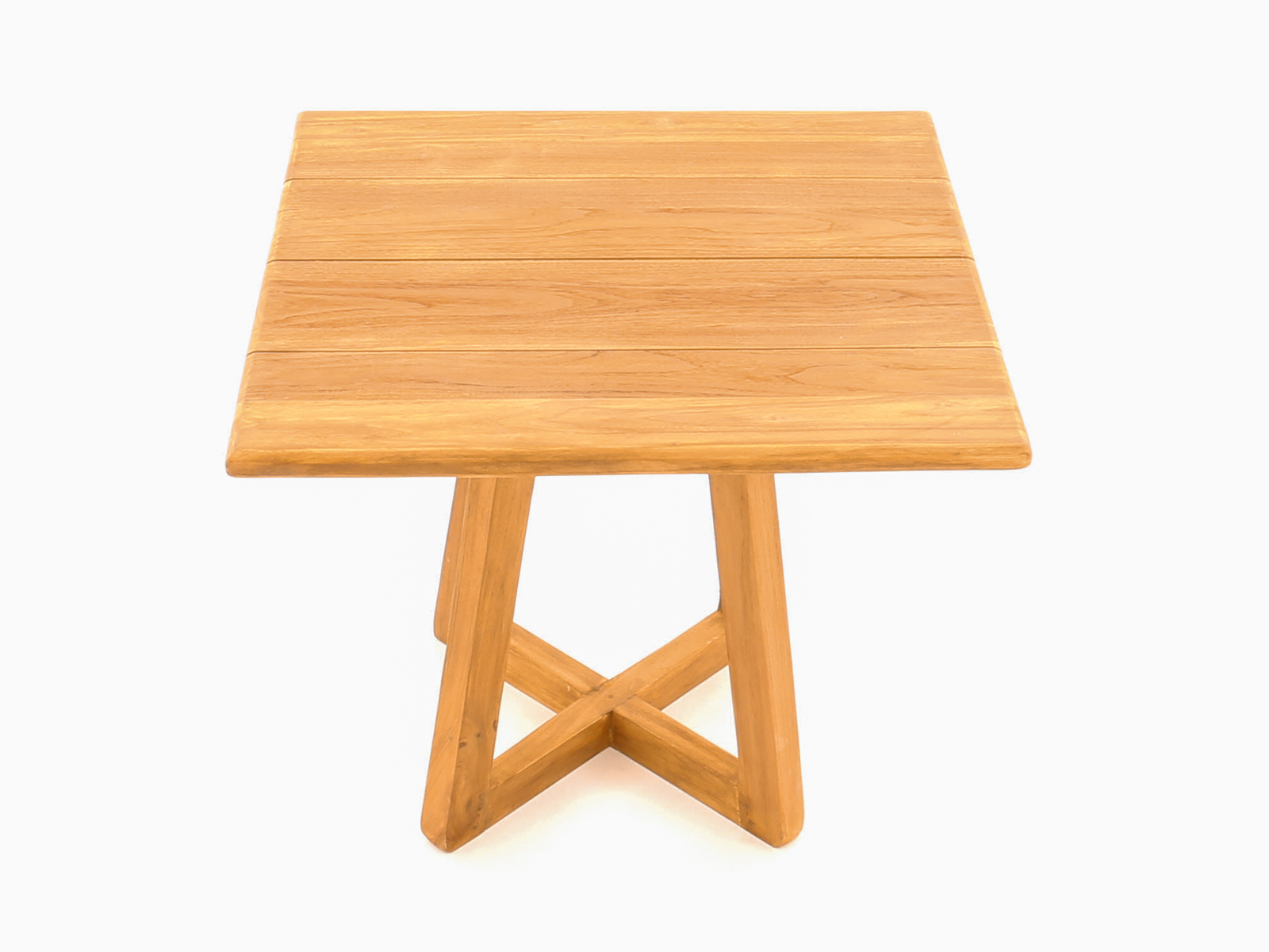 Bali square teak bistro table with slatted top and crossed-leg base