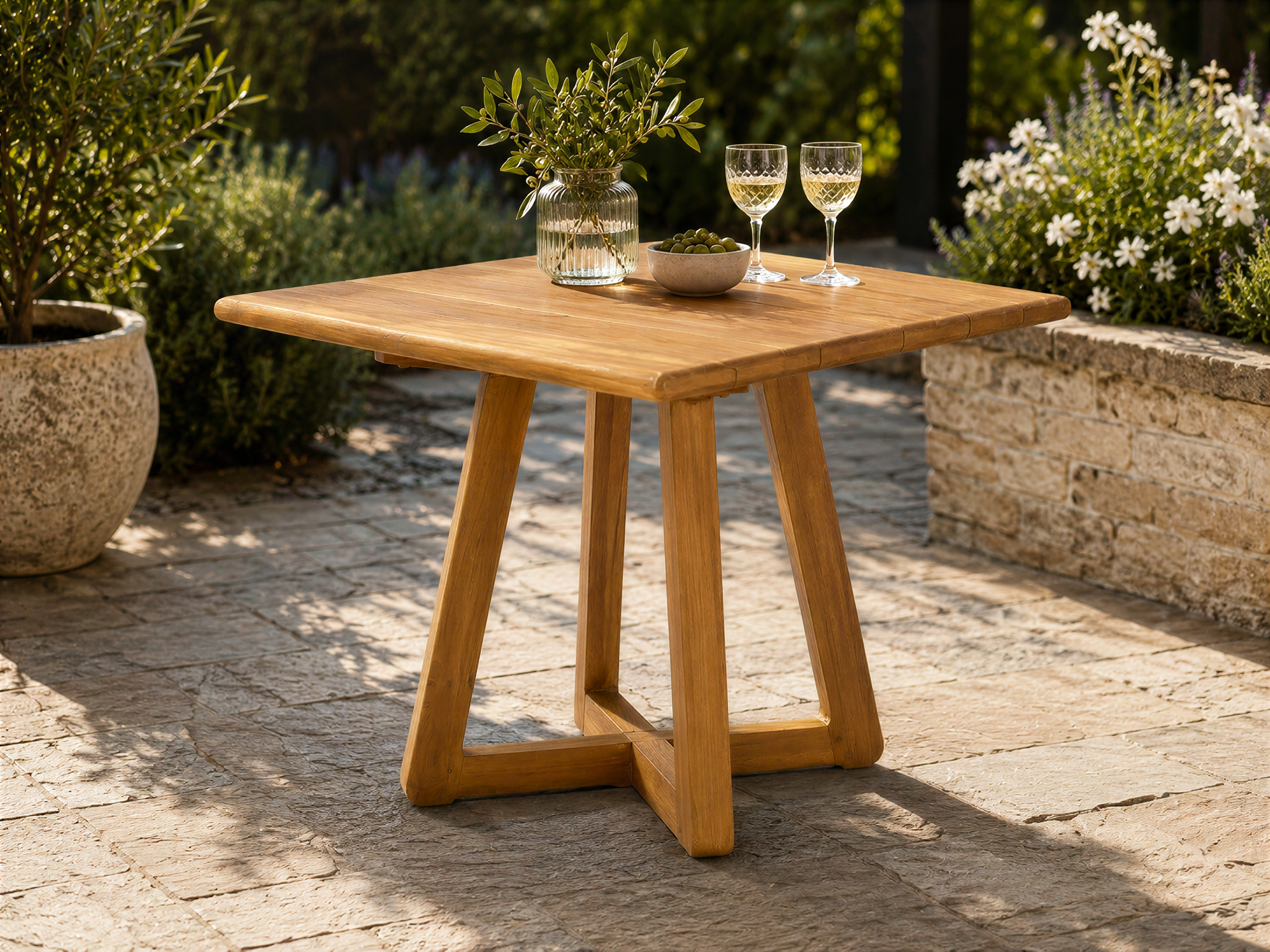Bali square teak bistro table styled on a sunny garden patio