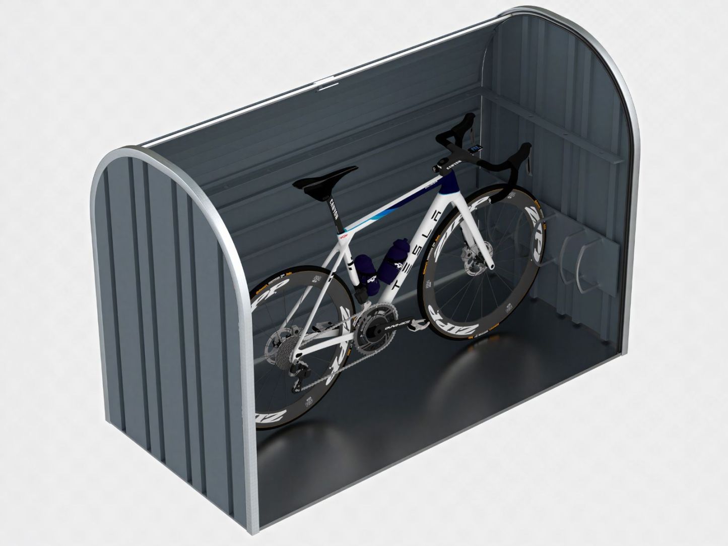 Anthracite roll-top metal bike store with secure storage space for two bicycles