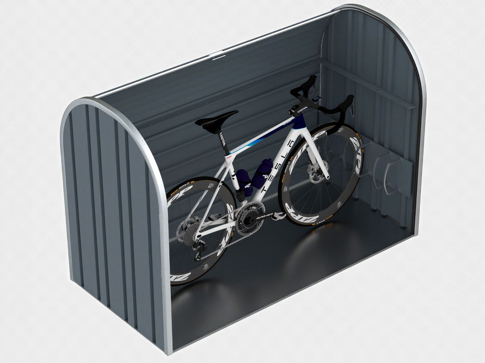 Anthracite roll-top metal bike store with secure storage space for two bicycles