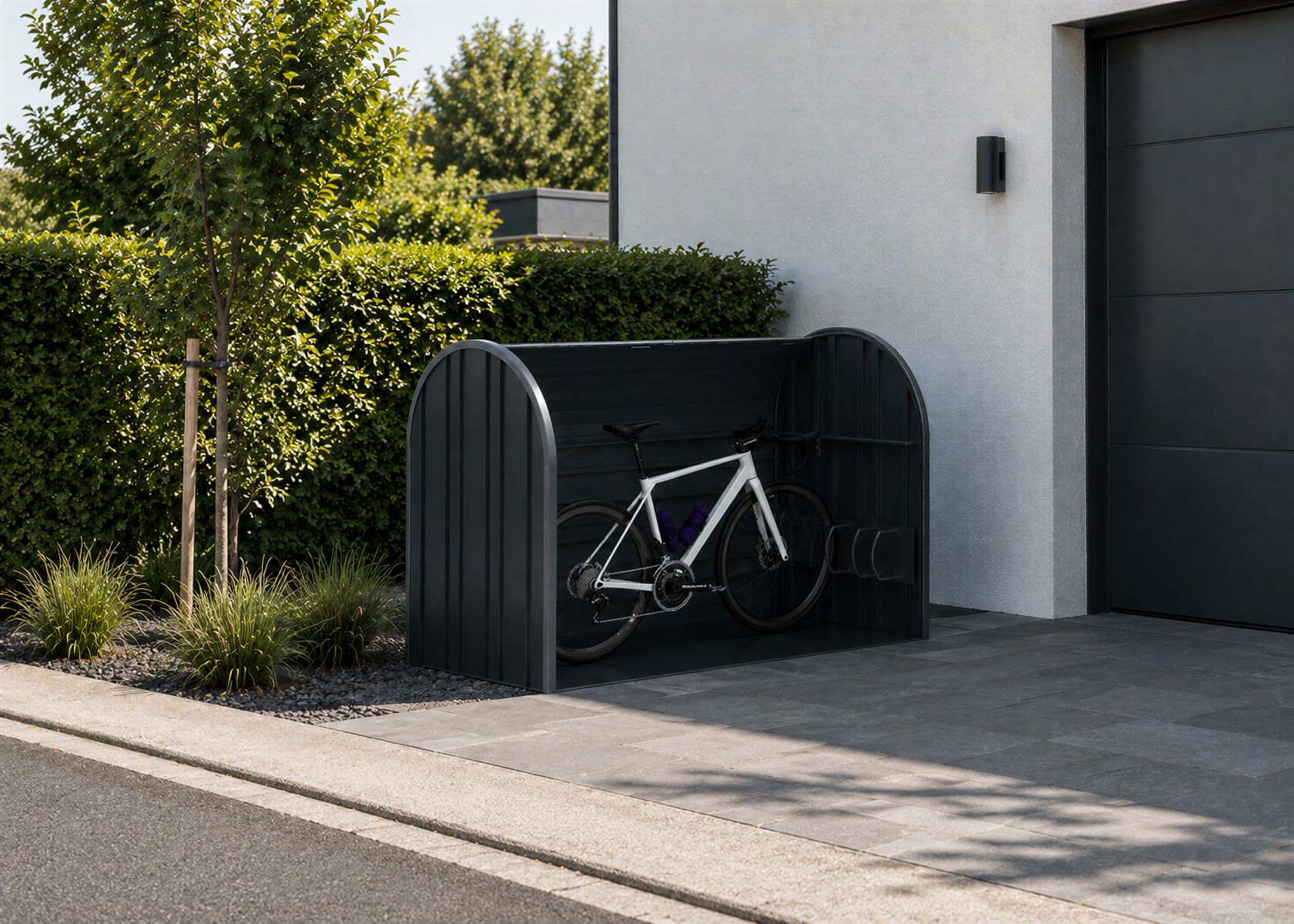 Open anthracite roll-top metal bike store with bicycle stored securely inside
