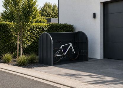 Open anthracite roll-top metal bike store with bicycle stored securely inside