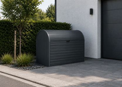 Anthracite roll-top metal bike store for two bikes outside a modern home