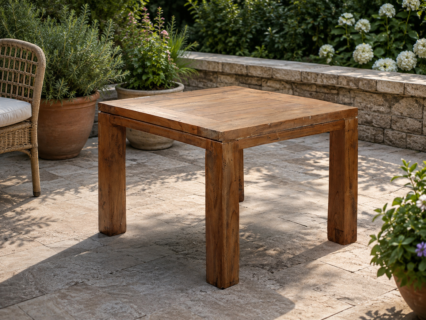 York 1m square reclaimed teak table in a landscaped outdoor garden setting