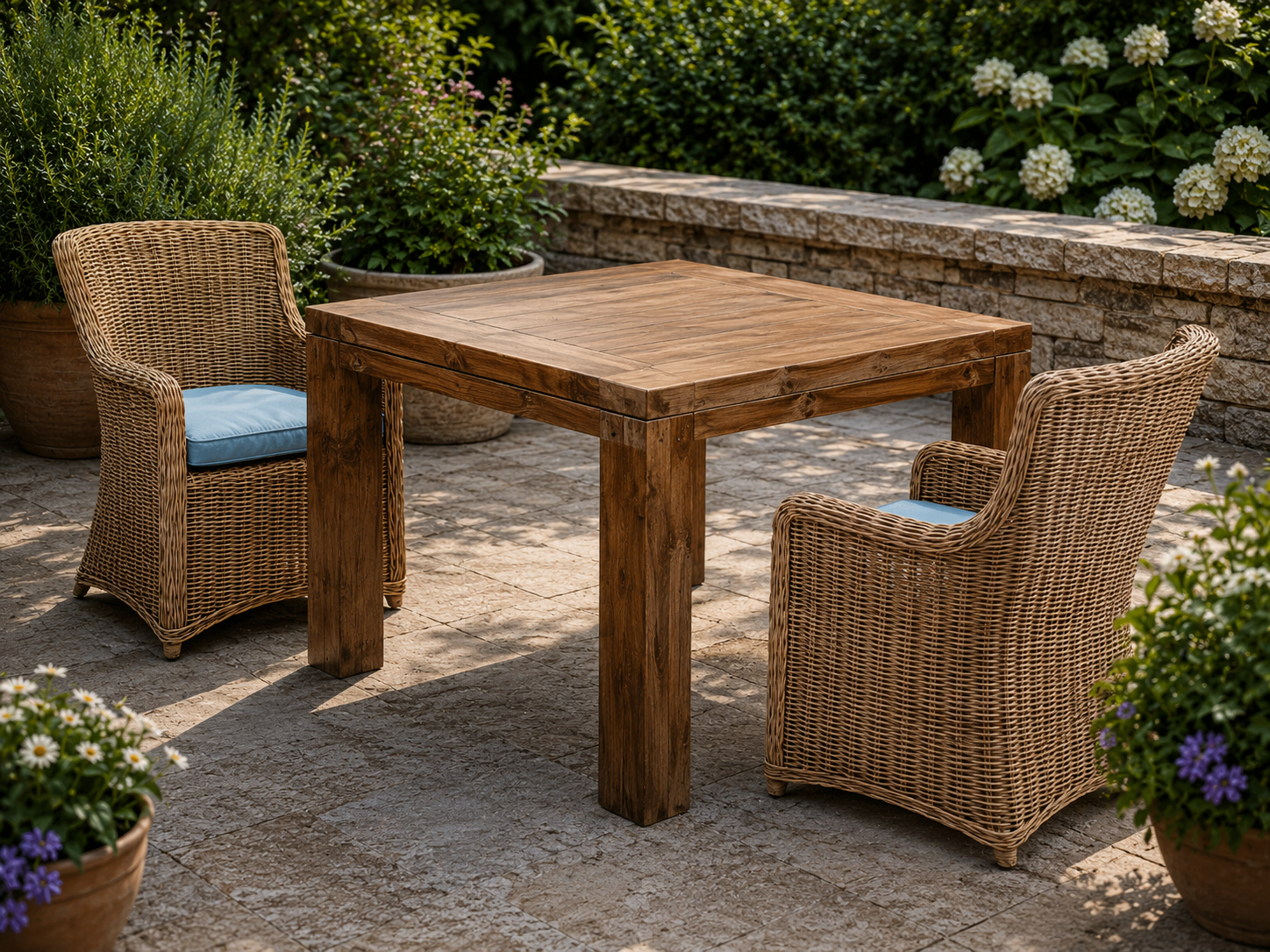 York 1m square reclaimed teak dining table with wicker chairs in a garden patio setting