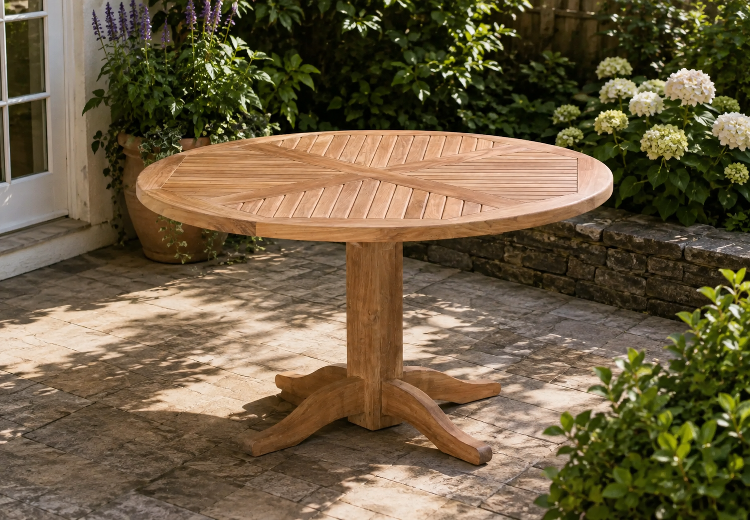 Richmond 1.3m round reclaimed teak dining table with decorative slatted top and pedestal base