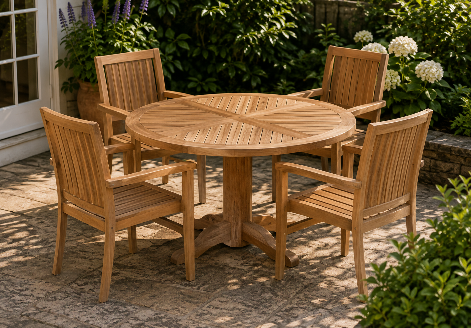 Richmond 1.3m round reclaimed teak garden dining table with four teak chairs on a patio