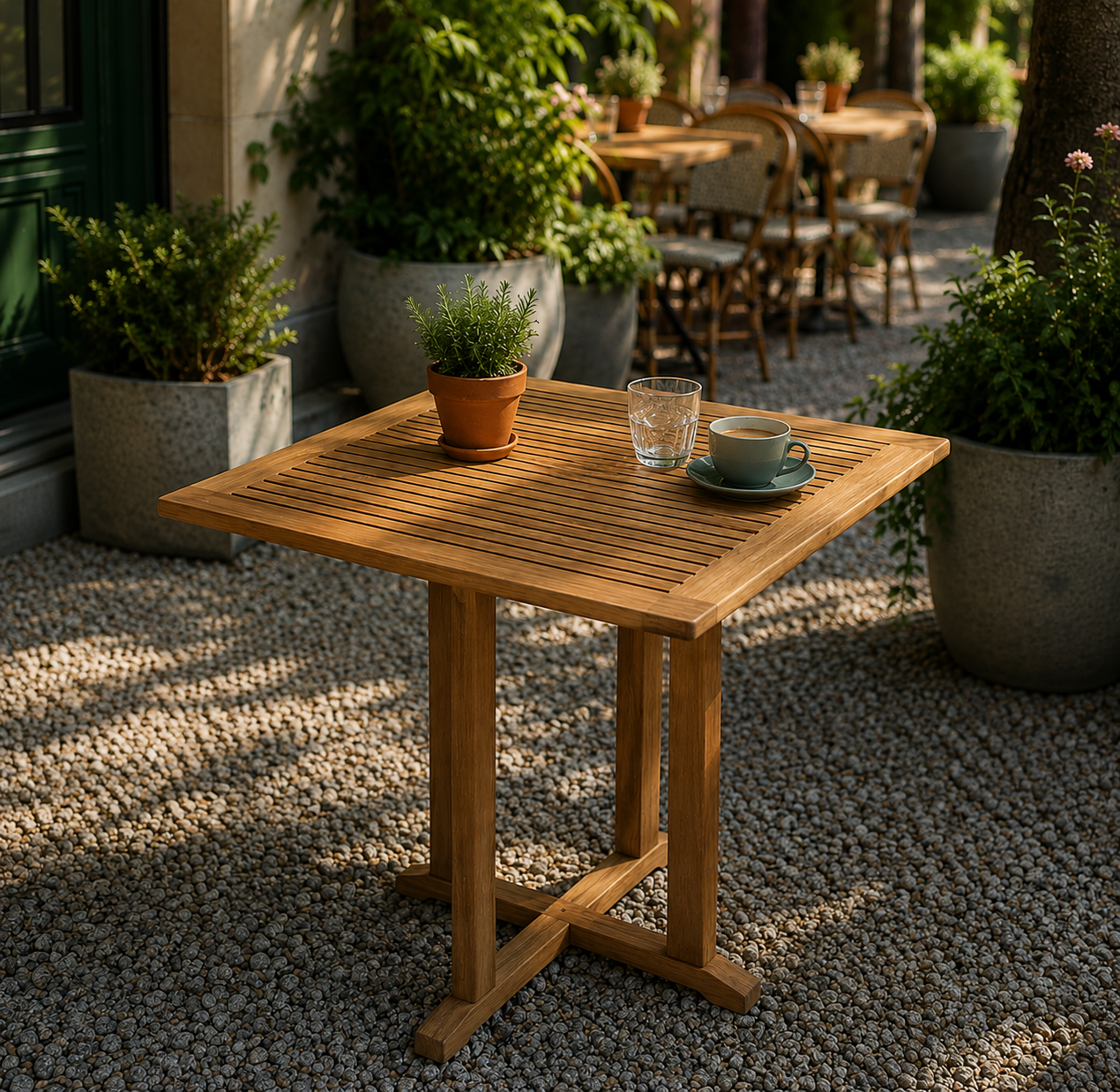 Square Teak 75cm outdoor café table in a sunlit garden café setting with plants, coffee cup and natural gravel patio.