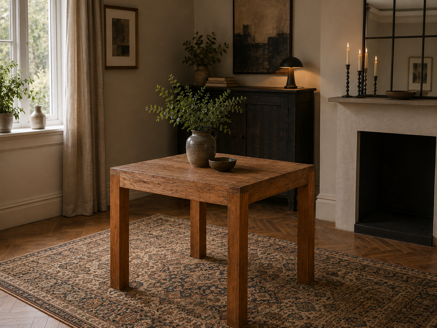 Savana square mahogany dining table styled in a warm traditional British dining room