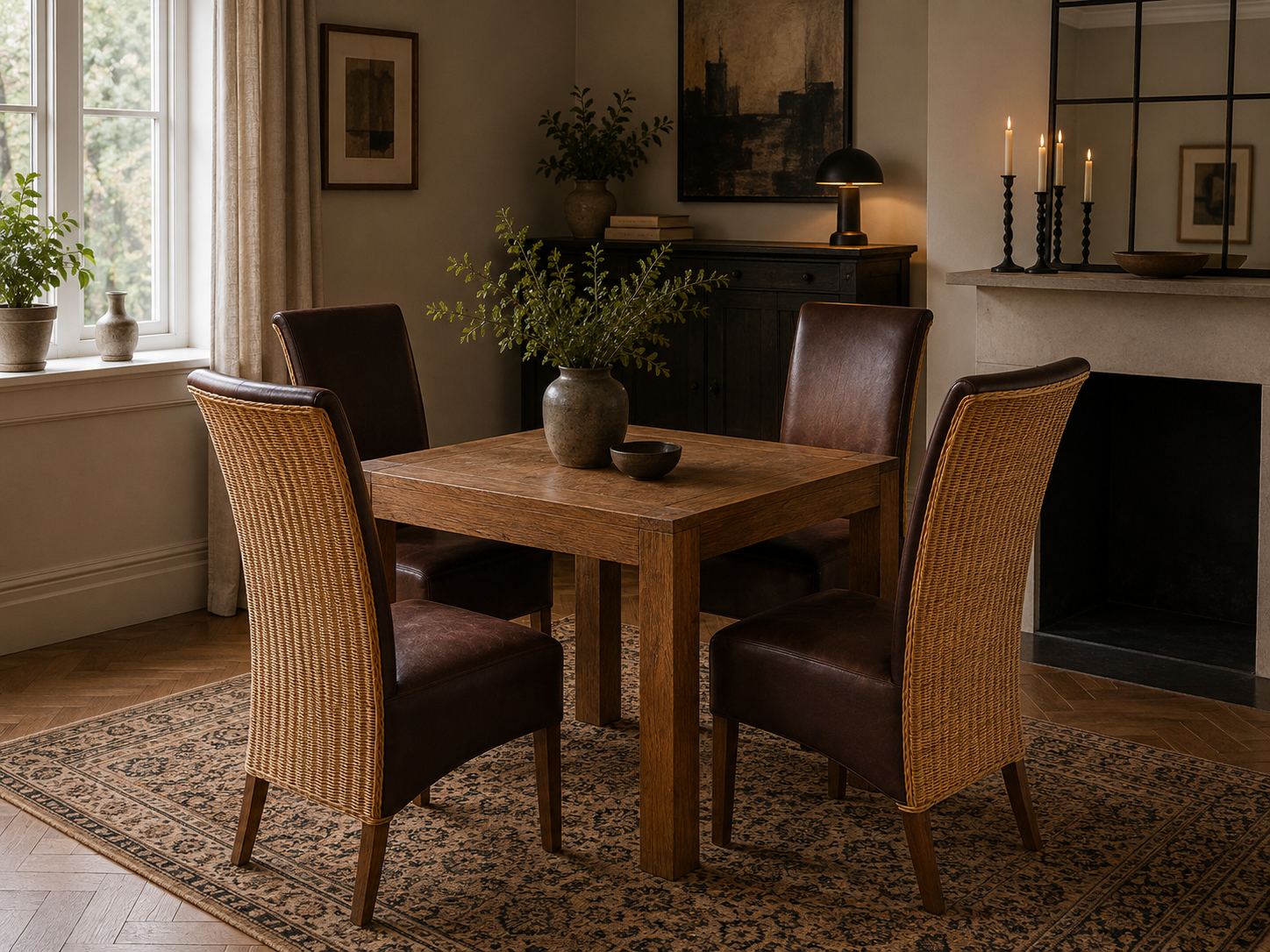 Savana square mahogany dining table with four brown leather and rattan dining chairs