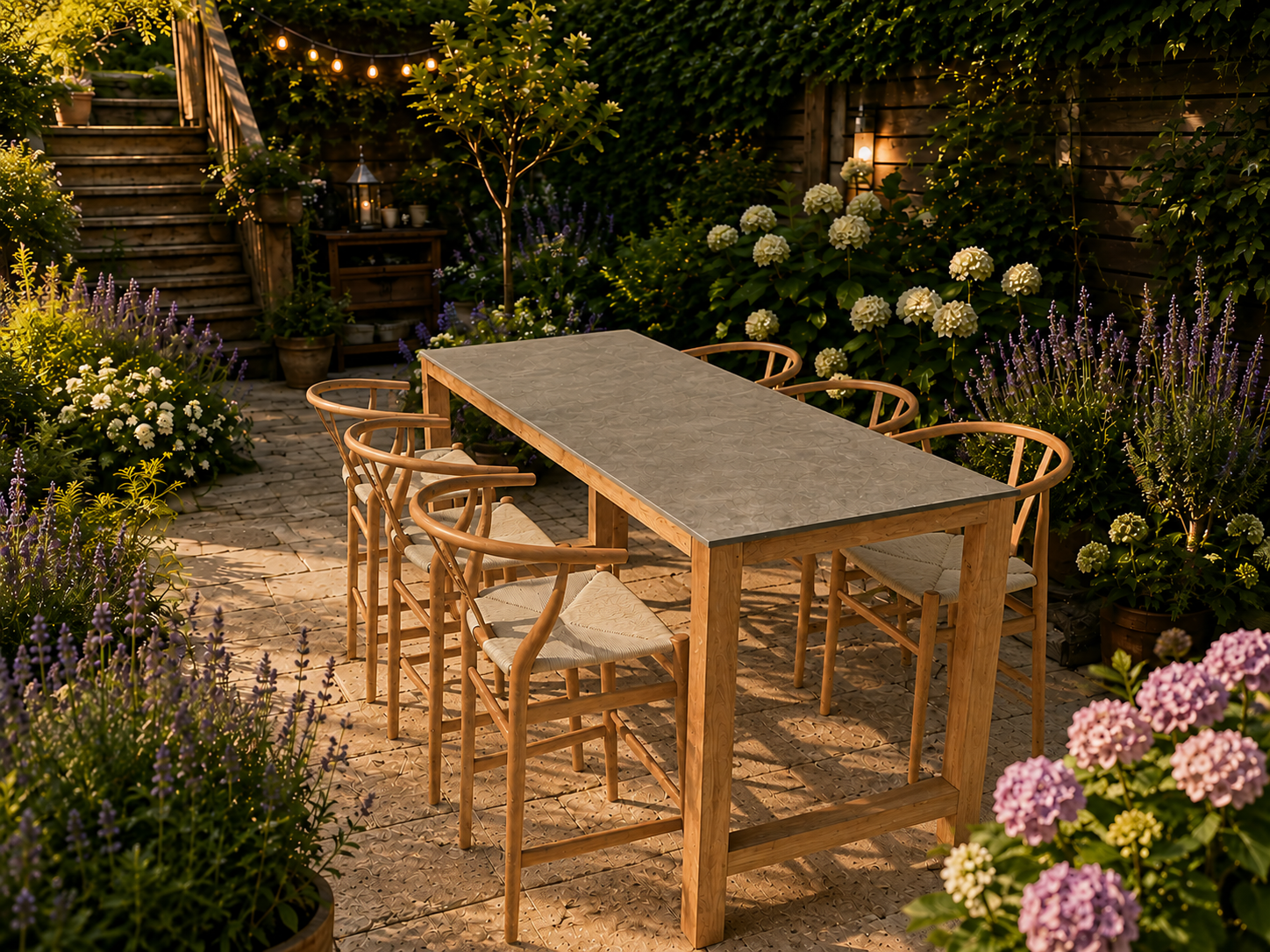Bari teak bar table and chair set in landscaped garden dining area