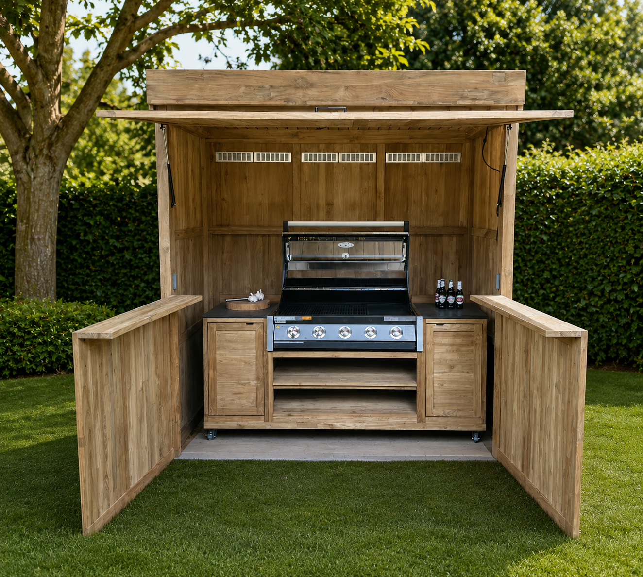 Bari Teak Kitchen Storage Cabinet with built-in BBQ, worktops and outdoor garden kitchen storage