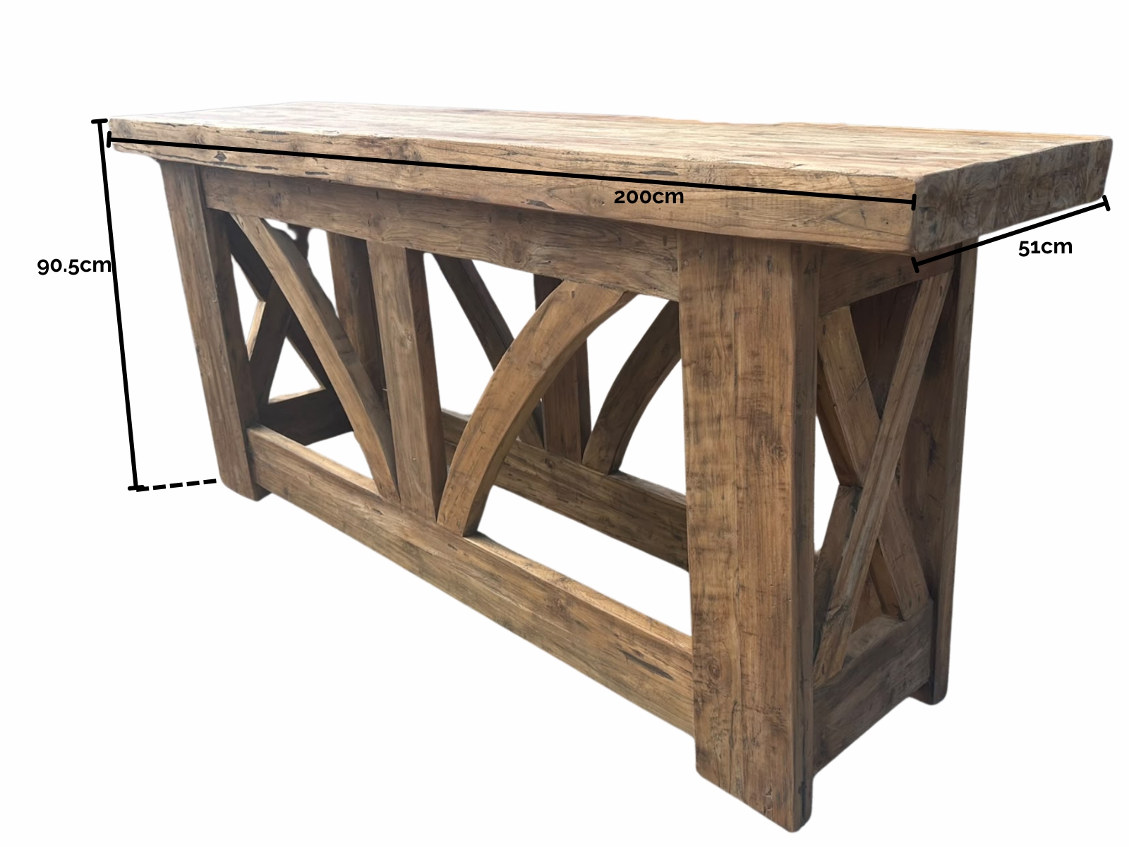 Kendal 2m teak console table dimensions – 200cm wide, 51cm deep and 90.5cm high