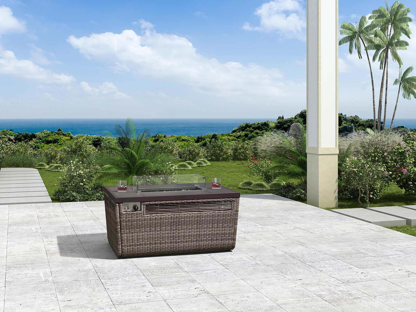 Monte Carlo 5 Piece Rattan Garden Sofa Set with Gas Fire Pit Table