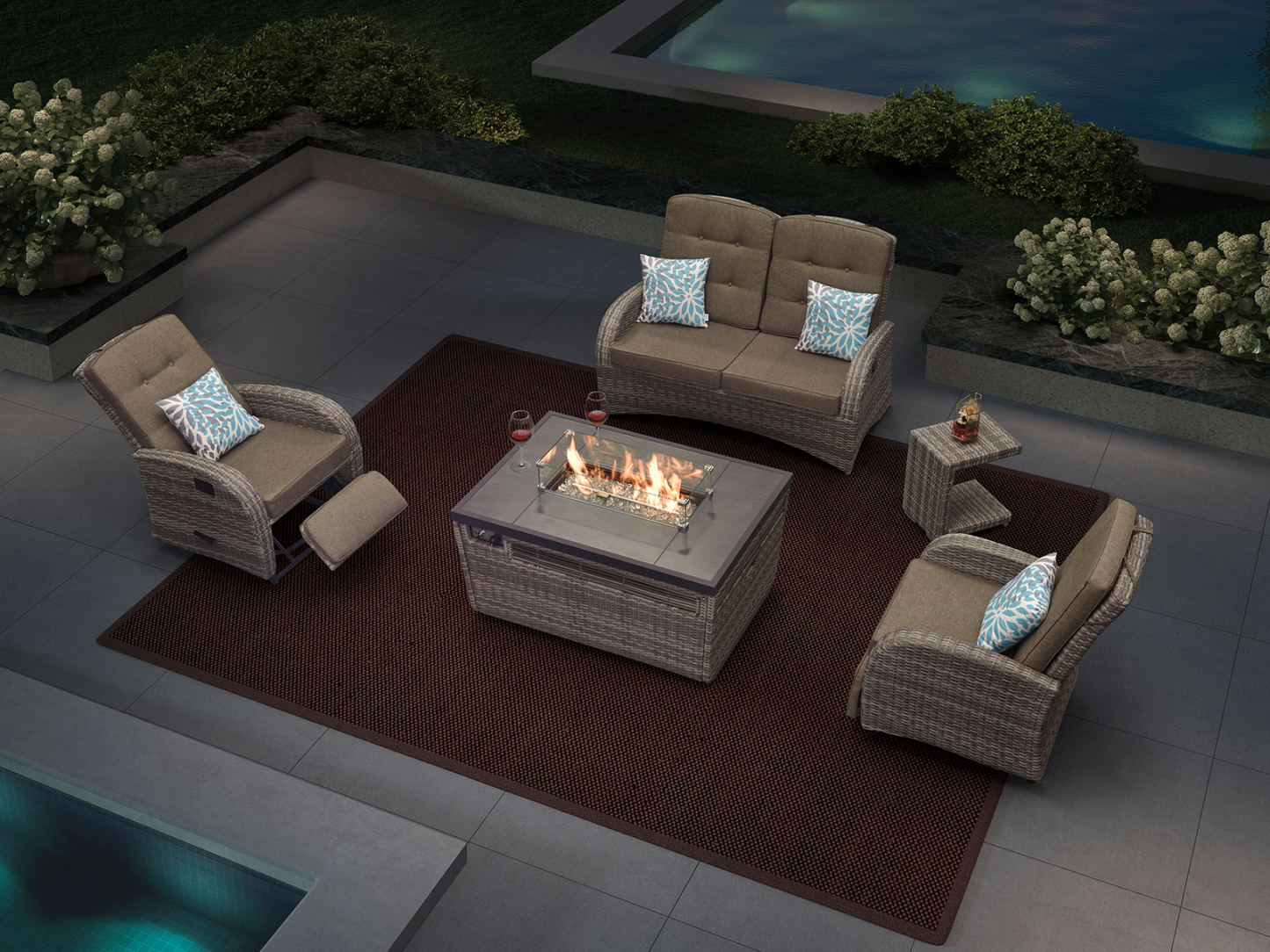Monte Carlo 5 Piece Rattan Garden Sofa Set with Gas Fire Pit Table