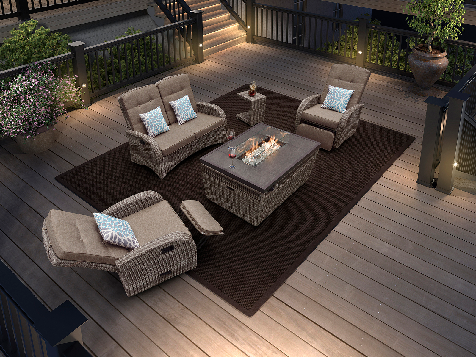 Monte Carlo 5 Piece Rattan Garden Sofa Set with Gas Fire Pit Table