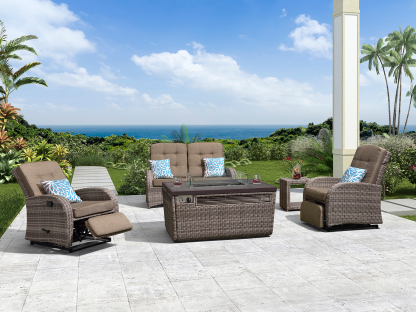 Monte Carlo 5 Piece Rattan Garden Sofa Set with Gas Fire Pit Table