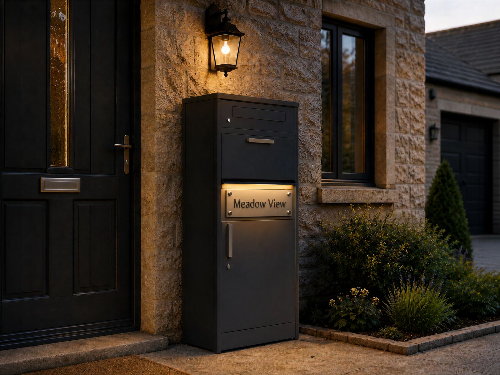 Anthracite parcel and letter box with integrated light and illuminated house name panel outside a modern home