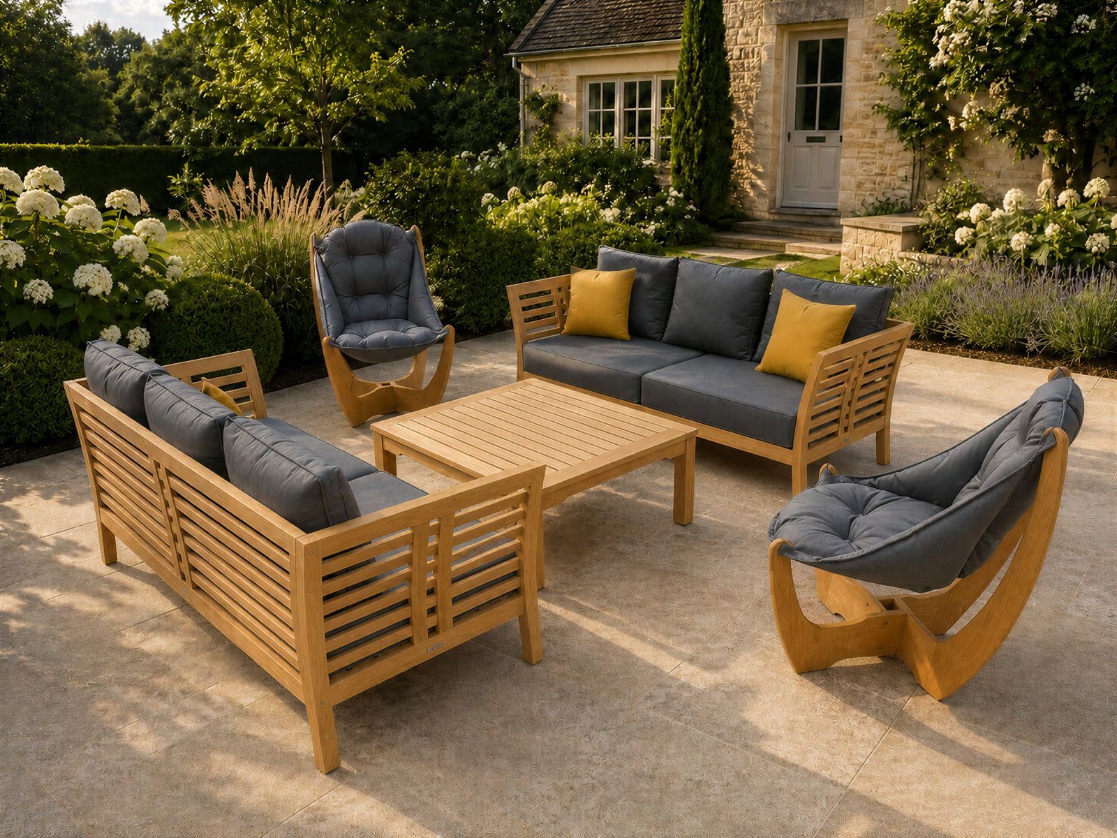 Kangaroo and Paris teak outdoor lounge suite with dark grey cushions in a landscaped garden