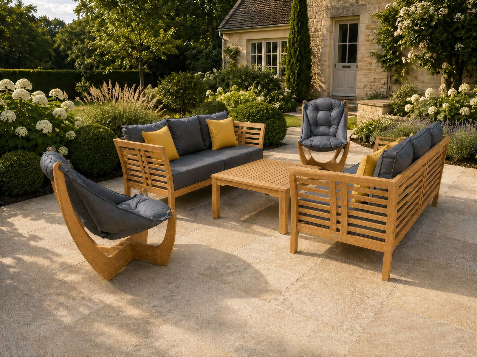 Kangaroo and Paris FSC certified teak garden lounge suite with dark grey and yellow cushions