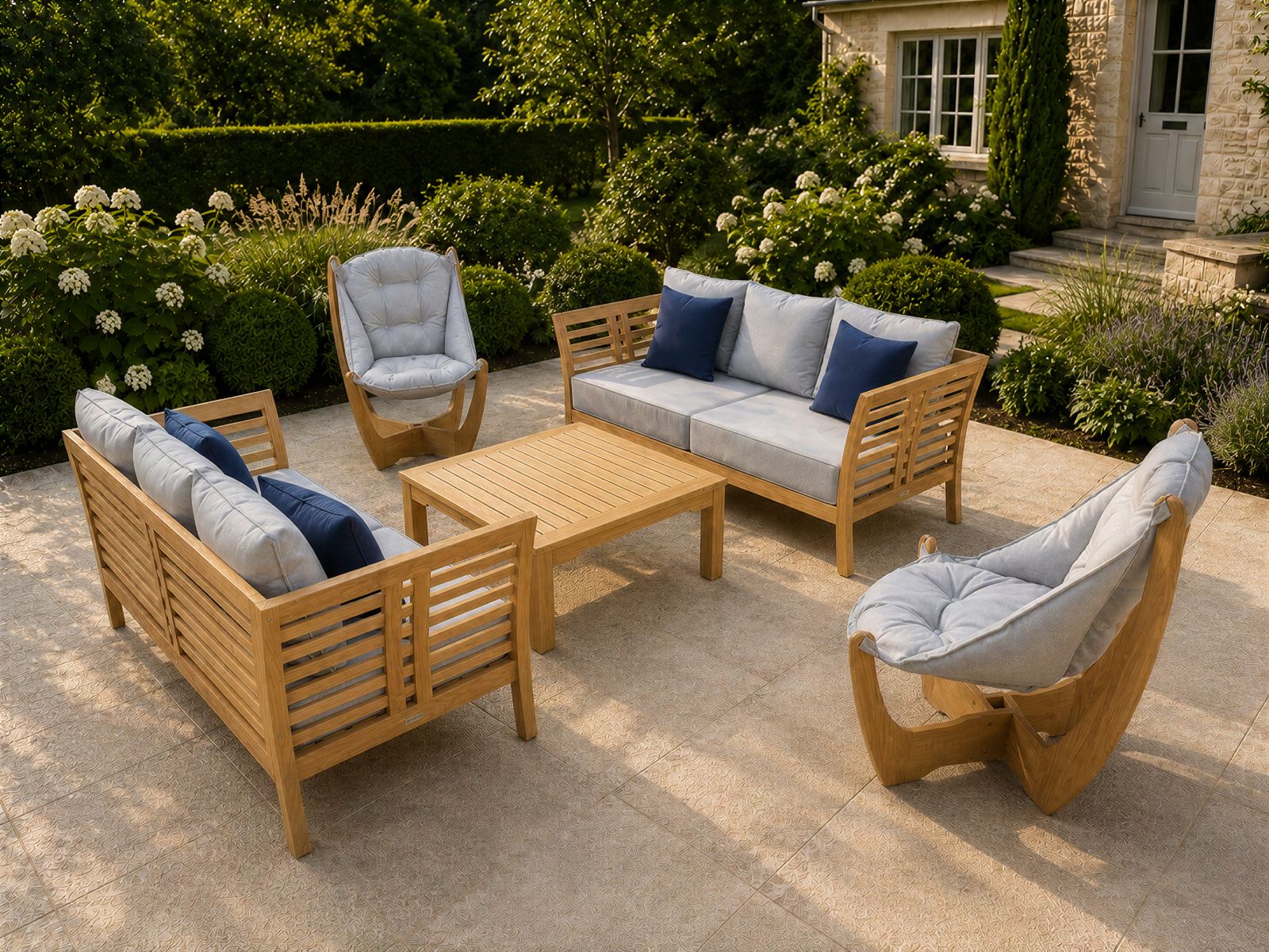6 seater teak garden furniture set with Paris sofas, Kangaroo lounge chairs and teak coffee table