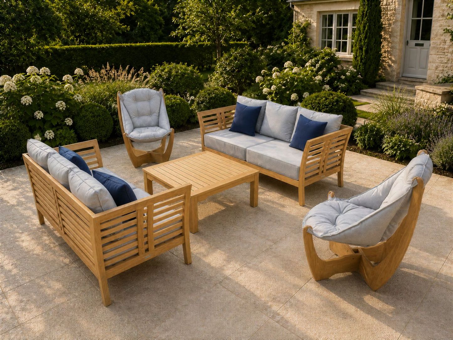 6 seater teak garden furniture set with Paris sofas, Kangaroo lounge chairs and teak coffee table
