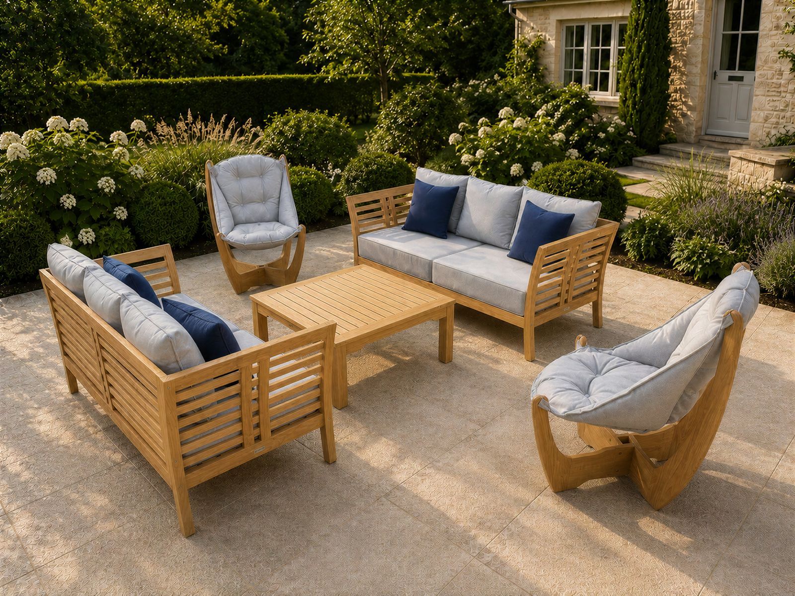6 seater teak garden furniture set with Paris sofas, Kangaroo lounge chairs and teak coffee table