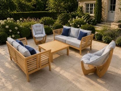 6 seater teak garden furniture set with Paris sofas, Kangaroo lounge chairs and teak coffee table