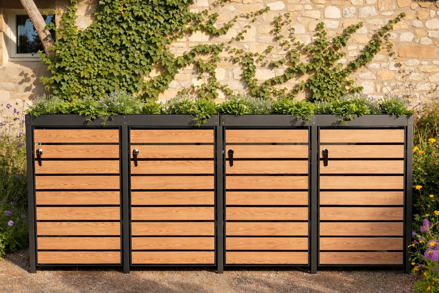 Galvanized Steel Wheelie Bin Cover Wood Effect With Planter | Quad Set