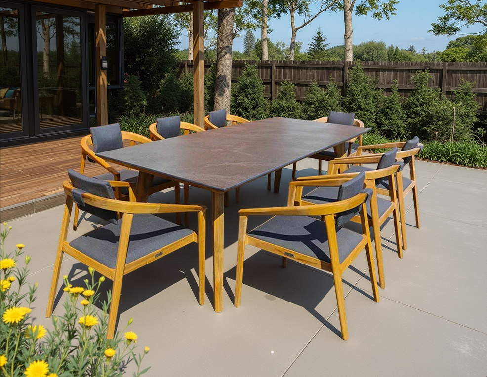 Ceramic 8 Chair Mustique Dining Set | FSC® Certified -Garden Furniture Centre-HighRange,Teak,Tables,Dining Set,Metal Furniture,Life Range,Outdoor Dining,Outdoor Furniture,Teak Garden Furniture,FSC®-{collection_title}