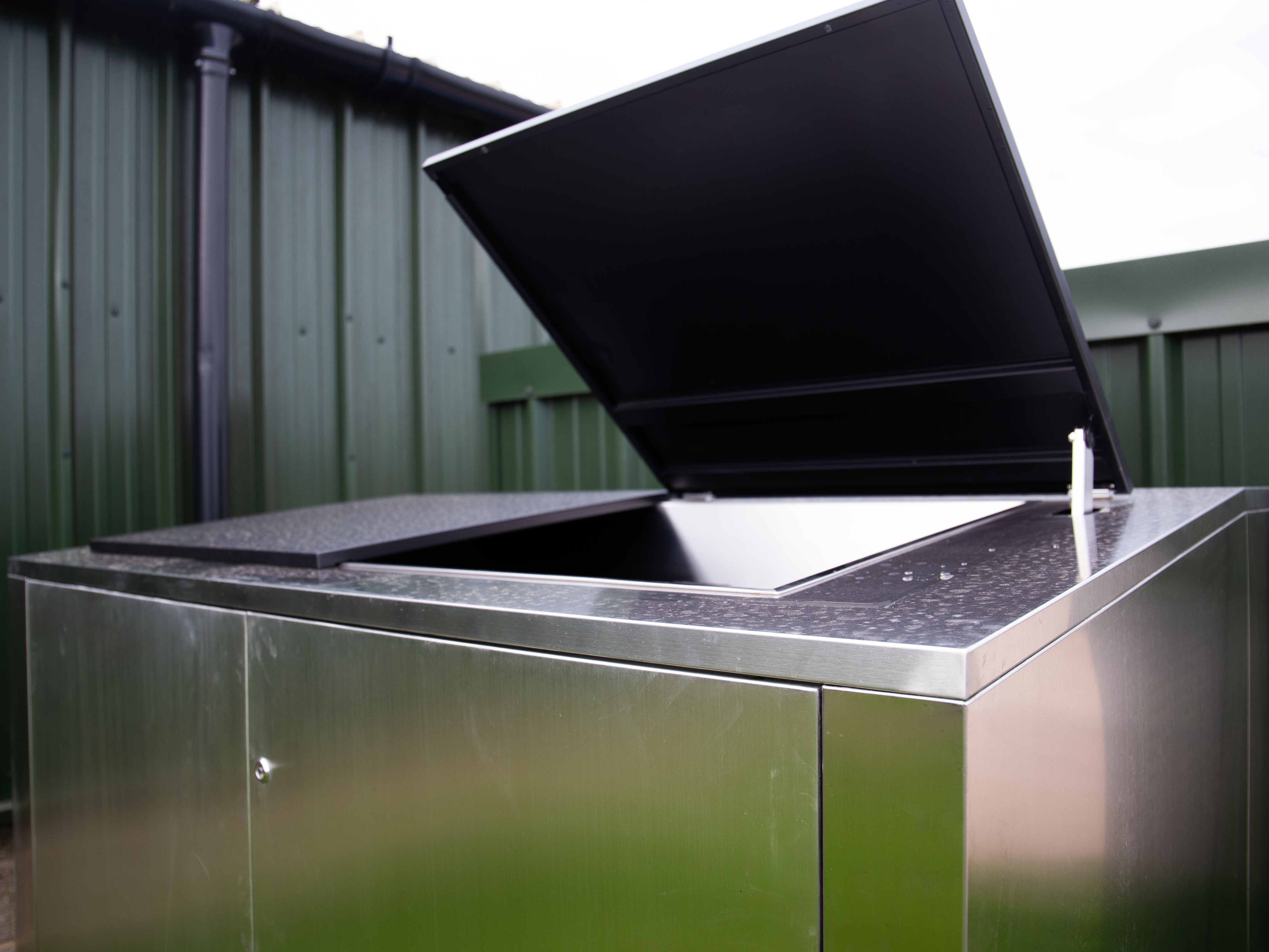 Stainless Steel Outdoor Wheelie Bin Storage Unit with Pedal Lid | 1100L