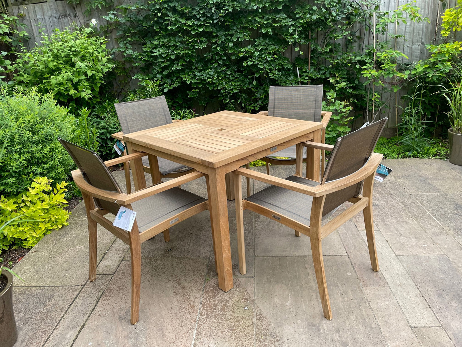 Windsor 90cm Table & 4 TNT Deluxe Stacking Chairs | FSC® Certified-Garden Furniture Centre-HighRange,Teak,Tables,FSC®,Outdoor Dining-{collection_title}