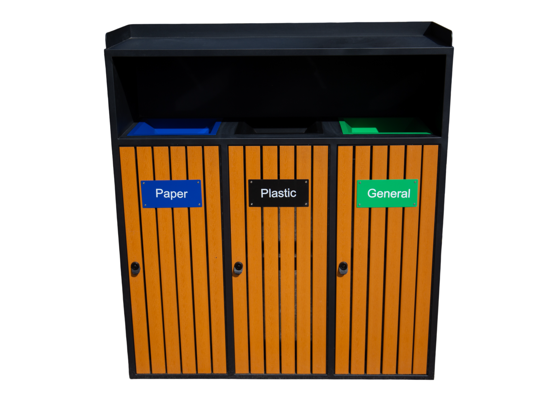 Wood Effect Galvanized Steel Outdoor Recycling Bin Station | Triple