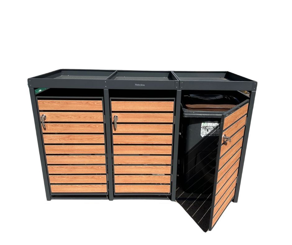 Galvanized Steel Wheelie Bin Cover Wood Effect With Planters | Triple -Garden Furniture Centre-MidInstock,instock,MidRange,Planter,Wood Effect,Accessories,Wheelie Bin Covers,Garden Planters,Storage Accessories,Wheelie Bin Storage,Triple-{collection_title}