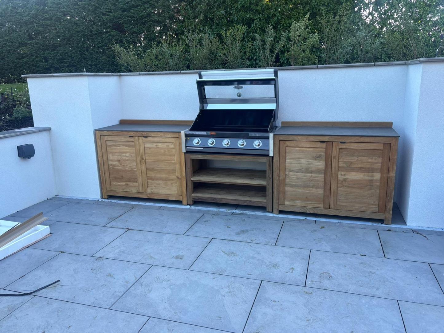 Bari modular teak outdoor kitchen setup with BBQ grill and double door cabinets