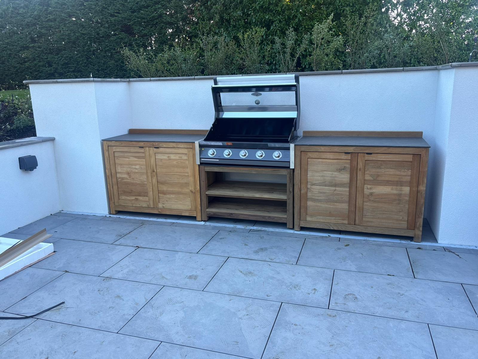Bari modular teak outdoor kitchen setup with BBQ grill and double door cabinets