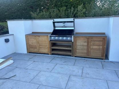 Bari modular teak outdoor kitchen setup with BBQ grill and double door cabinets