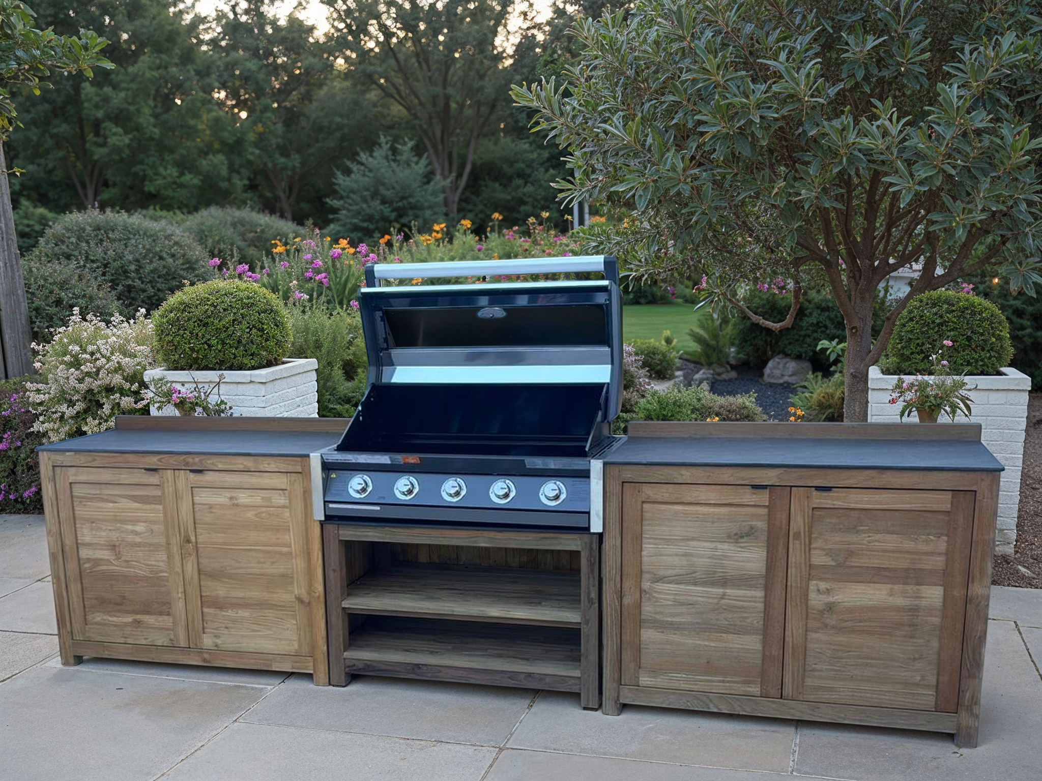 Bari luxury outdoor kitchen with built-in BBQ and double door teak storage units