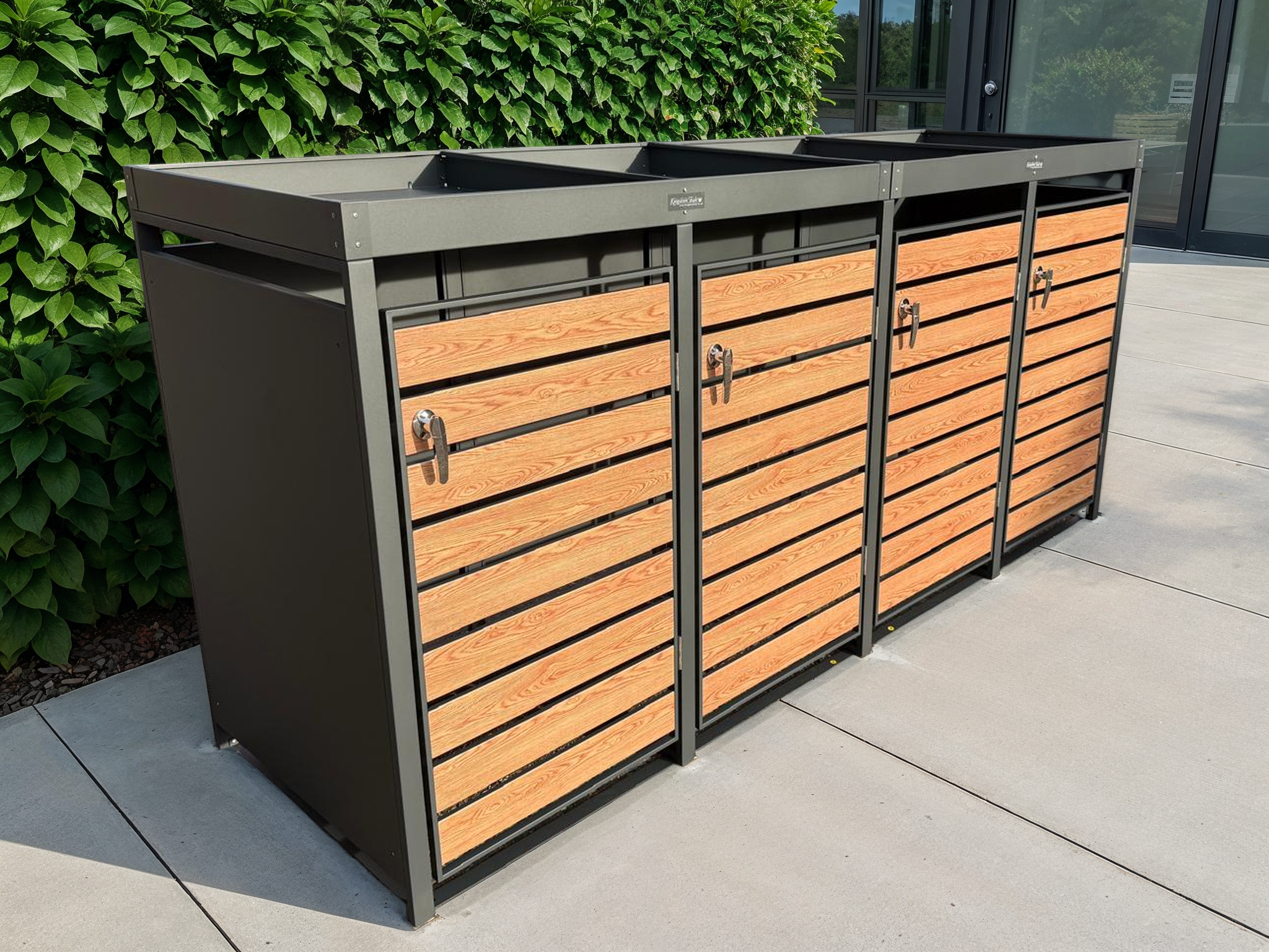 Galvanized Steel Wheelie Bin Cover Wood Effect With Planter | Quad Set