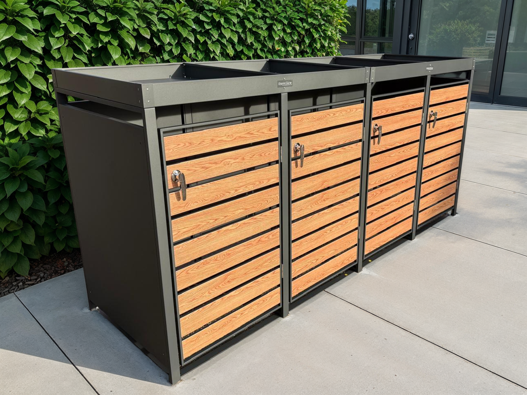 Galvanized Steel Wheelie Bin Cover Wood Effect With Planter | Quad Set