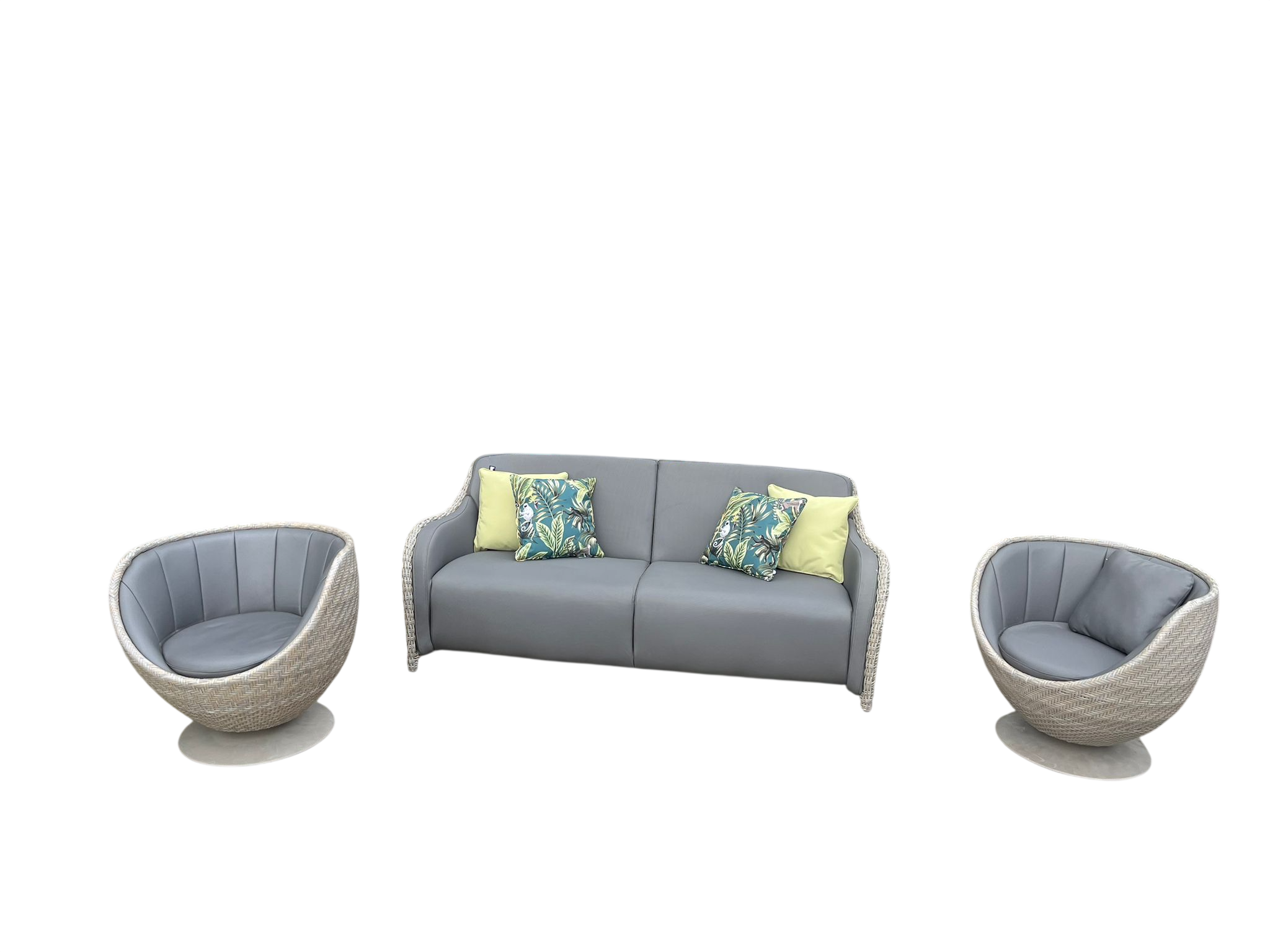 Meteor 3 seater garden sofa with two matching swivel chairs featuring ultra hi-loft fabric cushions