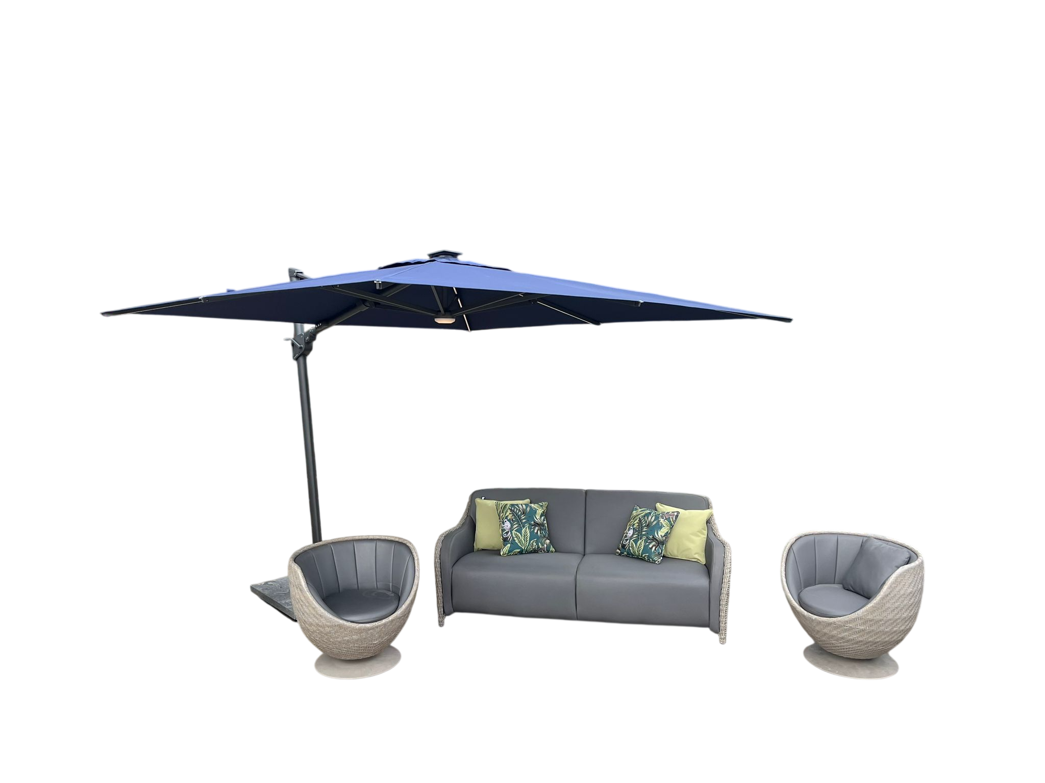 Meteor 3 seater sofa and two swivel chairs outdoor lounge set with cushions and parasol for patio garden seating